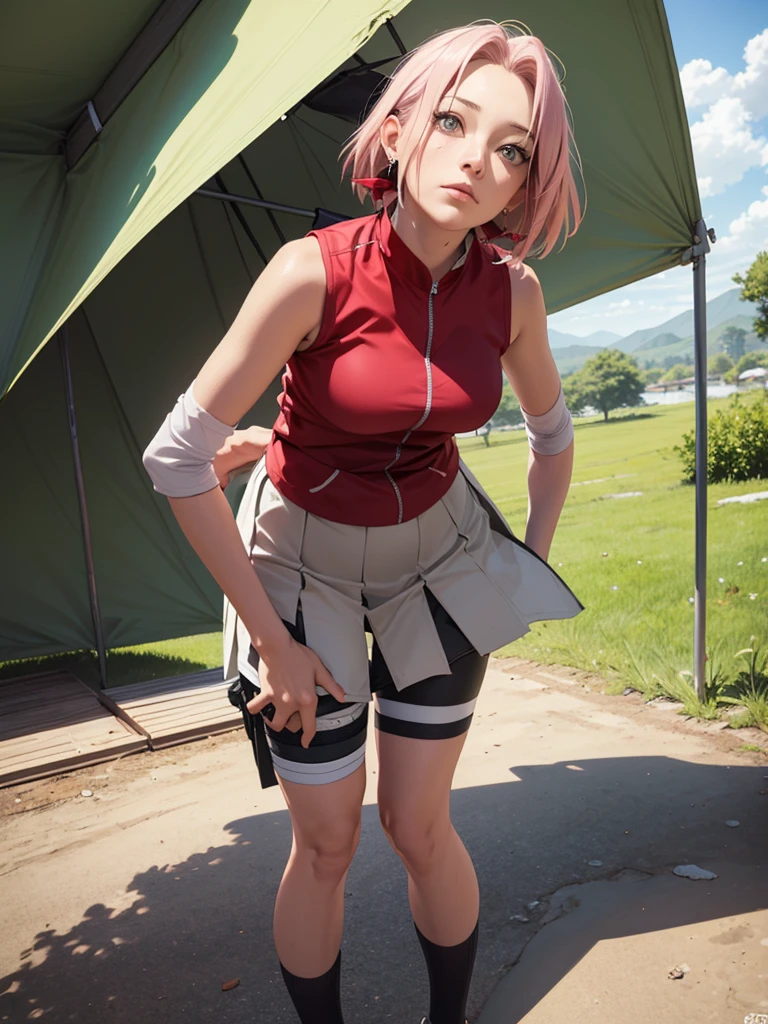 ((best quality)), (( masterpiece)), (detailed),  Perfect Face ((best quality)), (( masterpiece)), (detailed),  Perfect Face (best quality)), (( masterpiece)), (detailed),  Perfect Face (best quality)), (( masterpiece)), (detailed),  Perfect Face ,stunning realistic, photorealistic, photorealism, 1 sakura Haruno,standing in a tent,arsm behind back,full body perfect composition,wearnig skirt,3D,tight bike shorts view,focus on bike shorts,tightly wear bike shorts on legs,under skirt view,skirt in air flying,bike shorts focus under legs view,bent over view,bent to pick something