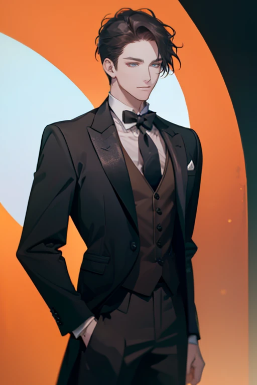 ((a young man in a black suit and tie)), taken in the early 2020s, gotham, alejandro, he looks very sophisticated, (((left side swept bang black short hair))), (dark green eyes and thick eyebrows), smirk. ((20 years old)), ((Black suite and black tie)), masterpiece, posture dynamic, one person