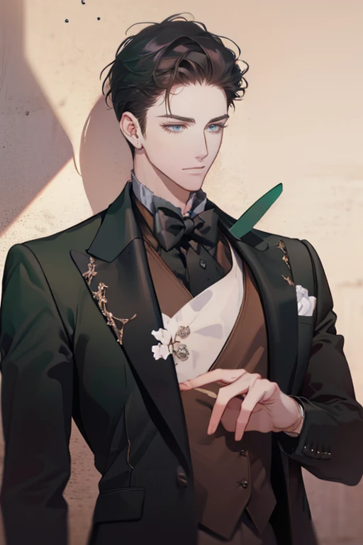 ((a young man in a black suit and tie)), taken in the early 2020s, gotham, alejandro, he looks very sophisticated, (((left side swept bang black short hair))), (dark green eyes and thick eyebrows), smirk. ((20 years old)), ((Black suite and black tie)), masterpiece, posture dynamic, one person