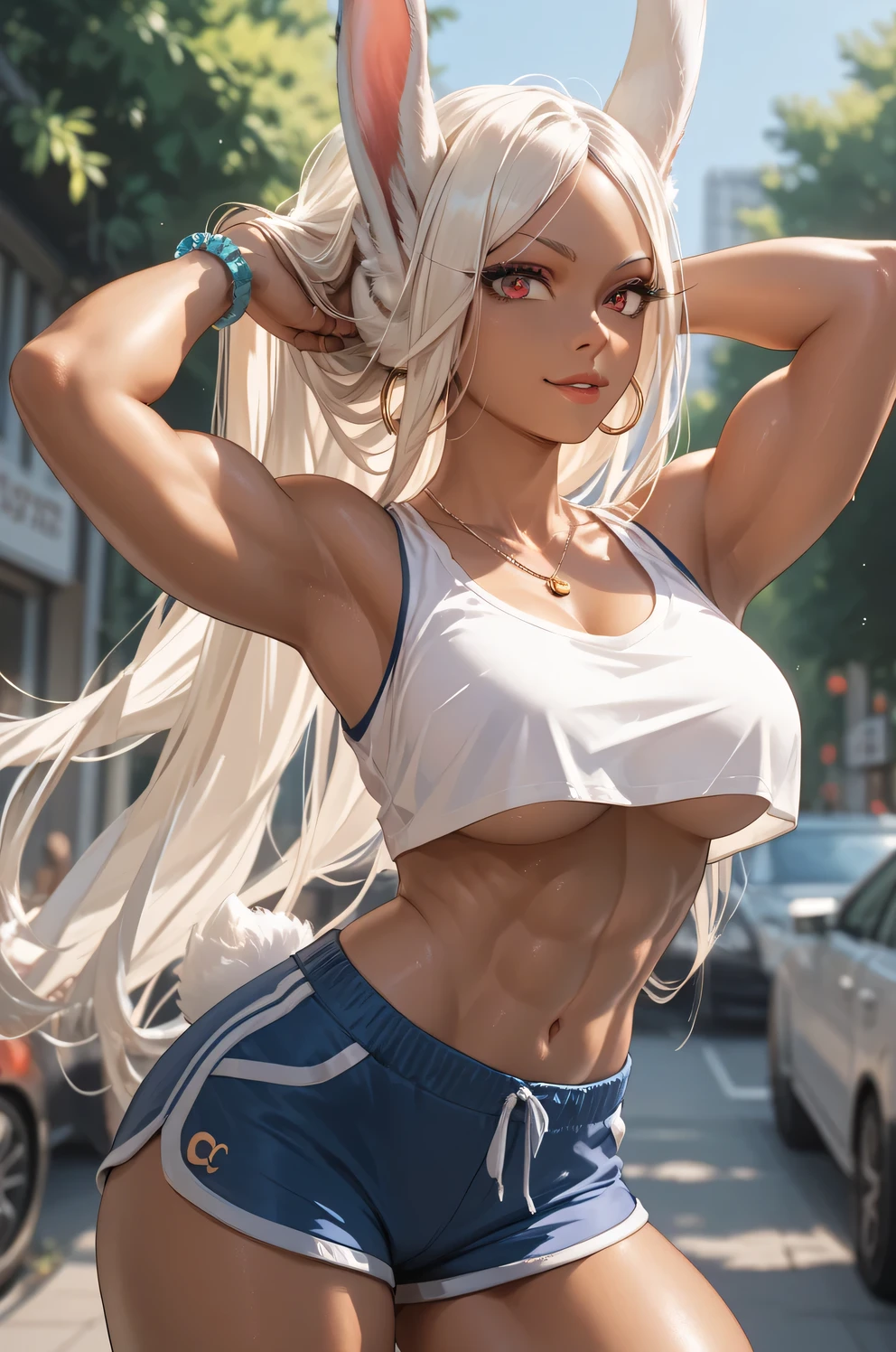 (Gray hair with a long hairstyle, high ponytail: 1.4), ((sharp jawline)), ((Very muscular body with abdominals, skin color: suntanned, oiled,: 1.3) An evil expression on his face, short tight short top and short skirt with perky tits, on the roof of a skyscraper overlooking the city, bare footed, squatting with legs apart, hands on knees in a frank pose;, sexy pubic tattoo