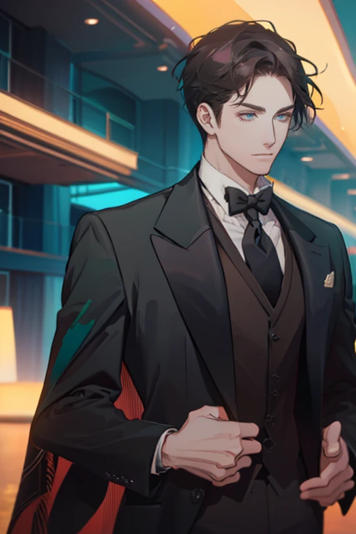 ((a young man in a black suit and tie)), taken in the early 2020s, gotham, alejandro, he looks very sophisticated, (((left side swept bang black short hair))), (dark green eyes and thick eyebrows), smirk. ((20 years old)), ((Black suite and black tie)), masterpiece, posture dynamic, one person