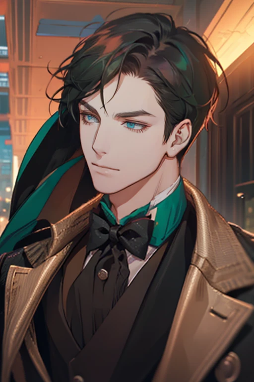 ((a young man in a black suit and tie)), taken in the early 2020s, gotham, alejandro, he looks very sophisticated, (((left side swept bang black short hair))), (dark green eyes and thick eyebrows), smirk. ((20 years old)), ((Black suite and black tie)), masterpiece, posture dynamic, one person