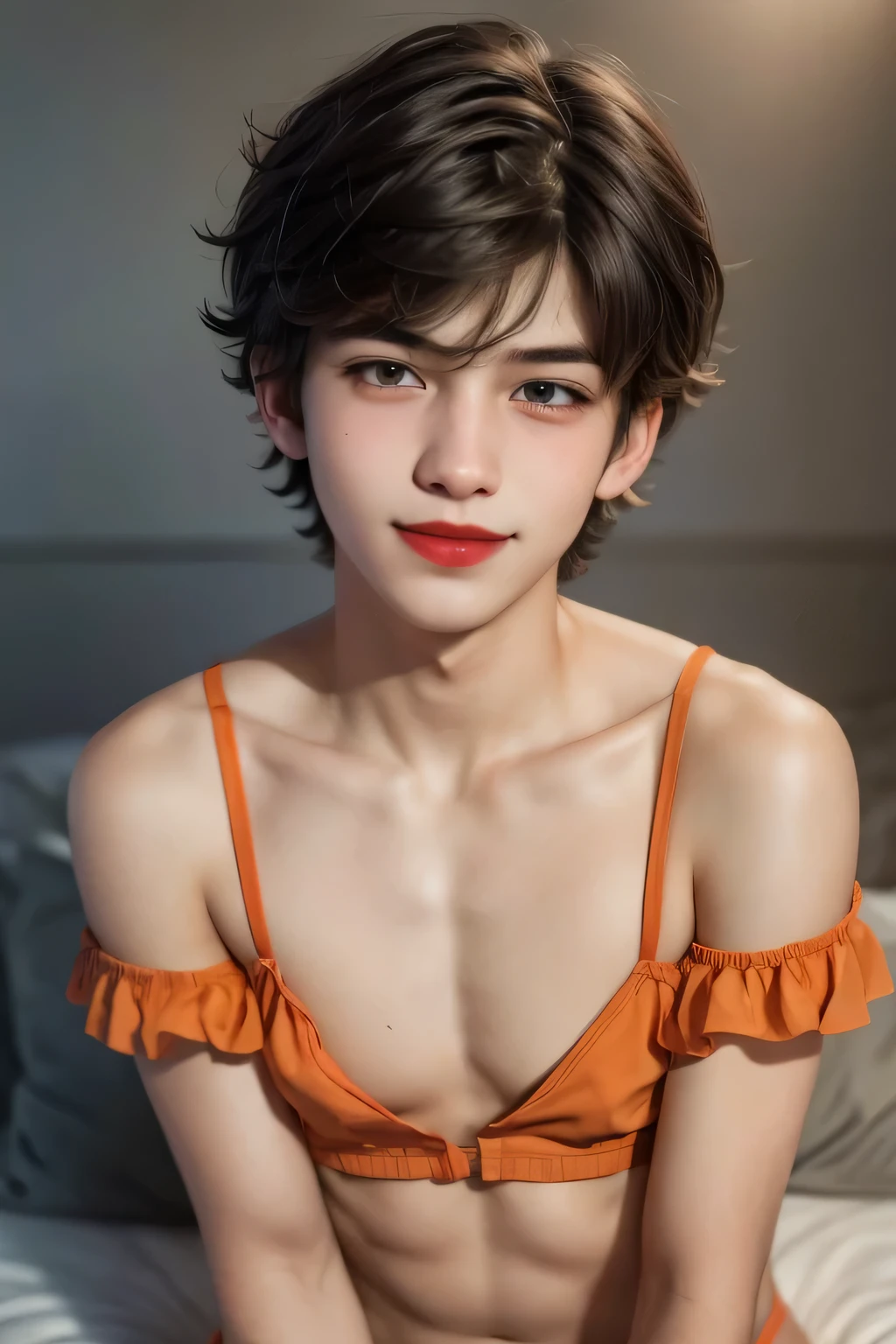 Half body potrait, 1 cute boy femboy (18yo), upper body, slim waist, (small breast:1.7), sexy pose, naugthy face, bangs, random Short hairstyle, cleavage, navel, off shoulder, seductive smile, wear orange sexy underwear, gray background, (red lipstick), mini top