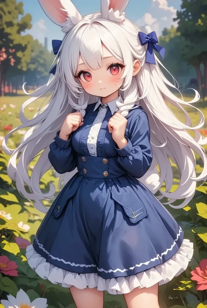 ( best quality, very detailed depiction, incredible high resolution),白いJapanese white radishを手に持っている1人の女の子:2.0,( smaller,Blue Hair, very long hair,bangs,Bunny ears,Red eyes,Big Eyes, Beautiful Sparkling Eyes , white skin,Big hair ribbon,Blue Princess Dress,wired skirt,Chest, full body image )Japanese white radish:2.0,,Smiling Face,High quality anime drawings