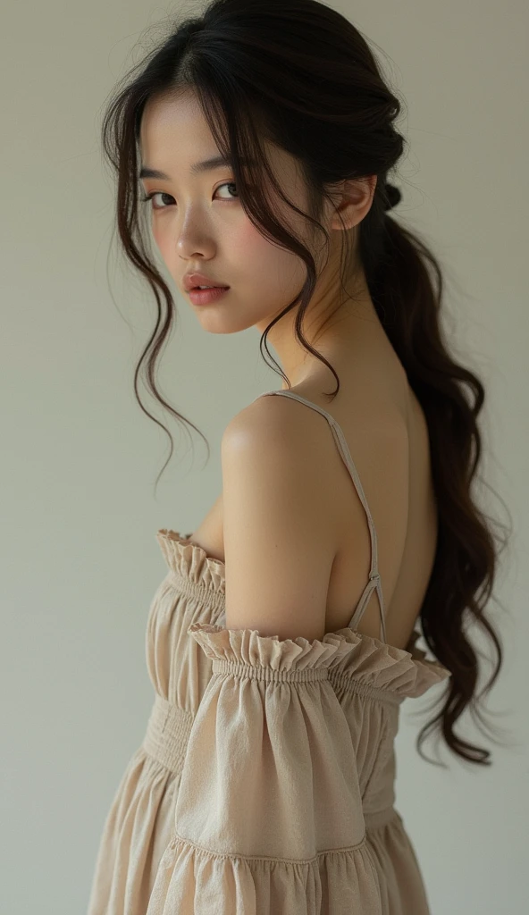 One of about , with dark brown hair combed back and tied , light skin, delicate and serene face . She wears a long and modest dress made of light fabric in a light tone, with serious affection .