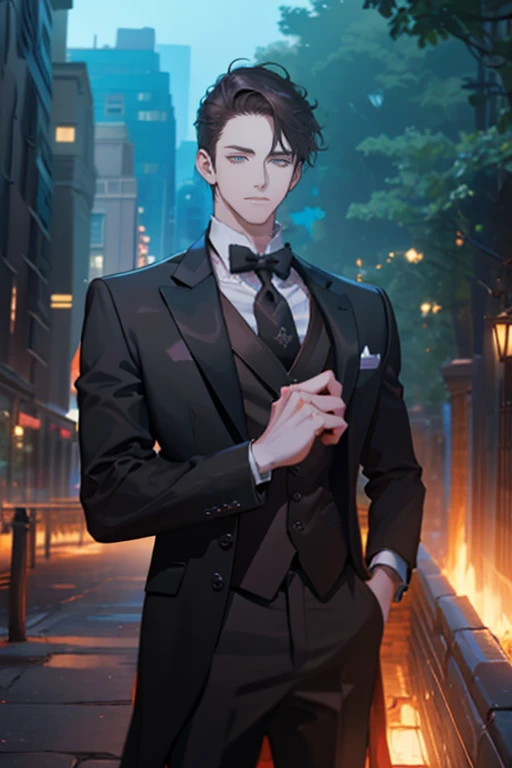 ((a young man in a black suit and tie)), taken in the early 2020s, gotham, alejandro, he looks very sophisticated, (((left side swept bang black short hair))), (dark green eyes and thick eyebrows), smirk. ((20 years old)), ((Black suite and black tie)), masterpiece, posture dynamic, one person