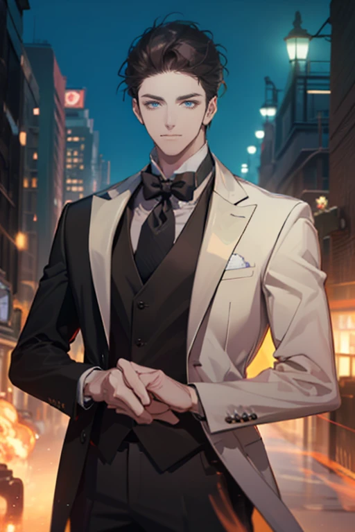 ((a young man in a black suit and tie)), taken in the early 2020s, gotham, alejandro, he looks very sophisticated, (((left side swept bang black short hair))), (dark green eyes and thick eyebrows), smirk. ((20 years old)), ((Black suite and black tie)), masterpiece, posture dynamic, one person