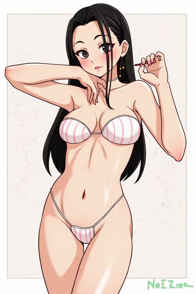 "(masterpiece:1.1), best quality, (NSFW:1.1),
1girl, (80s anime style:1.3), (eyelashes:1.5), (loli:1.2),
(intricate high detailed body:1.2),
black hair,
(forehead, short blunt bangs:1.1), (long hair, wavy hair:1.1), (hair ornament:1.2),
brown eyes, (lip stick:1.4),
(slim body:1.1), (medium breasts:1.1),
(shy:1.2), open mouth, (blush:1.2),
(tattoo:1.2), (lace bikini, pubic hair:1.3),
(accessories:1.1), bracelet,
standing, claw pose,
(upper body, cowboy shot, looking at viewer, from front:1.1),
(daytime, woods, grassland, outdoors:1.1)"