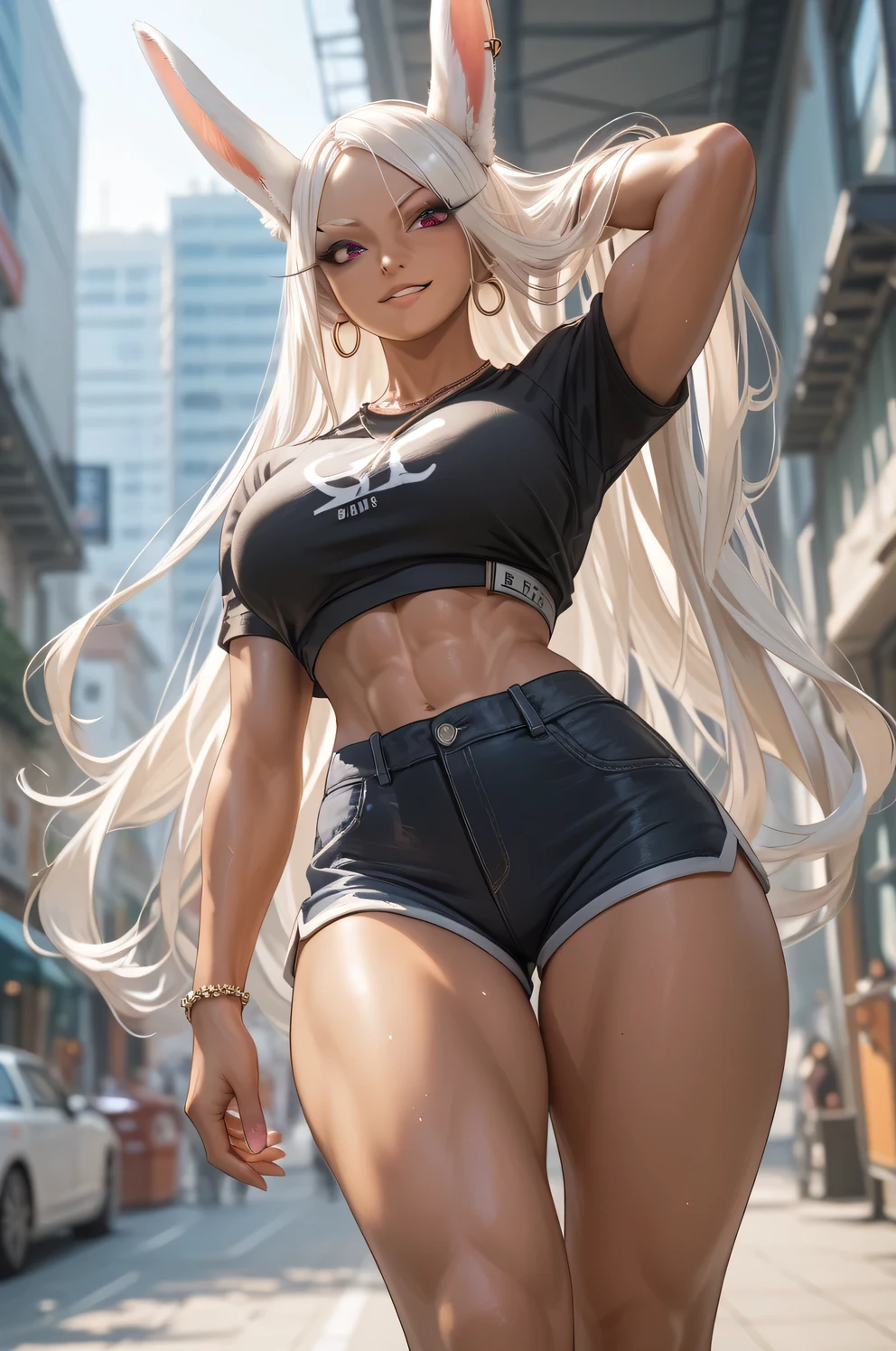 ganguro, makeup, dark skin, street, long hair, blonde hair, twintails,  black bikini that says blacked on it, sports bra, panties,
, adult, queen of spades symbol, queen of spades symbol tattoo on crotch, grin