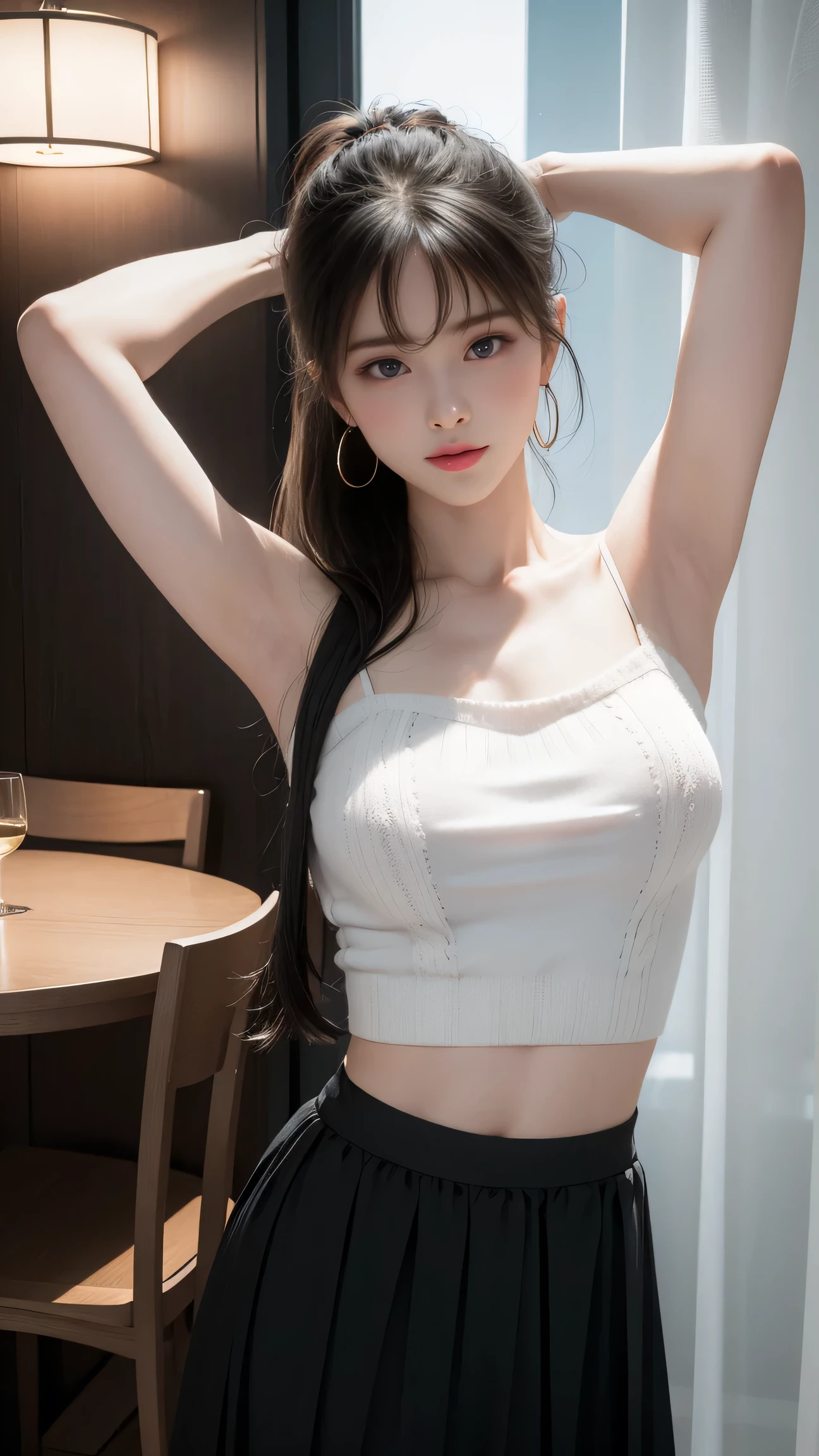 (8k, RAW Photos, Best Quality, masterpiece:1.2), (Realistic, photo-Realistic:1.37), very detailed, ultra high resolution, See One Girl , beautiful 精巧な顔, Smile, narrow,(( off-shoulder white hand knitted sweater showing the lower part of the chest, Sleeveless))(( Translucent Black Long Skirt 、 With Slits Up to the Waist )) 、(narrow waist:1. 3), beautiful 、 smooth skin, skin texture, Hair float, Professional Lighting, (8k、 RAW Photos、Best Quality、masterpiece:1. 2)、(Real、Real:1. 37)、 very detailed、 ultra high resolution、 1 girl、 viewers、 beautiful て濃い顔、daughter、Small waist、(Small waist):1.2、( beautiful て濃い顔、daughter、Small waist):1.3、( beautiful て濃い顔、daughter、Small waist):1.4。3)、 beautiful smooth skin、 skin texture、Protruding Hairs 、Professional Lighting、human body、 Raise Your Armpits at a Chinese Restaurant 、Show me your armpits、Laugh、 Cute Ponytail 、 Beautiful Lighting from the Front 、 head on、Underarm、 raise your arms 、hara、Underarm、 show your sides、((underboob))、(( the lower part of the chest is visible ))Sleeveless、upper armを見せる、upper arm、Raise your hand、両 raise your arms