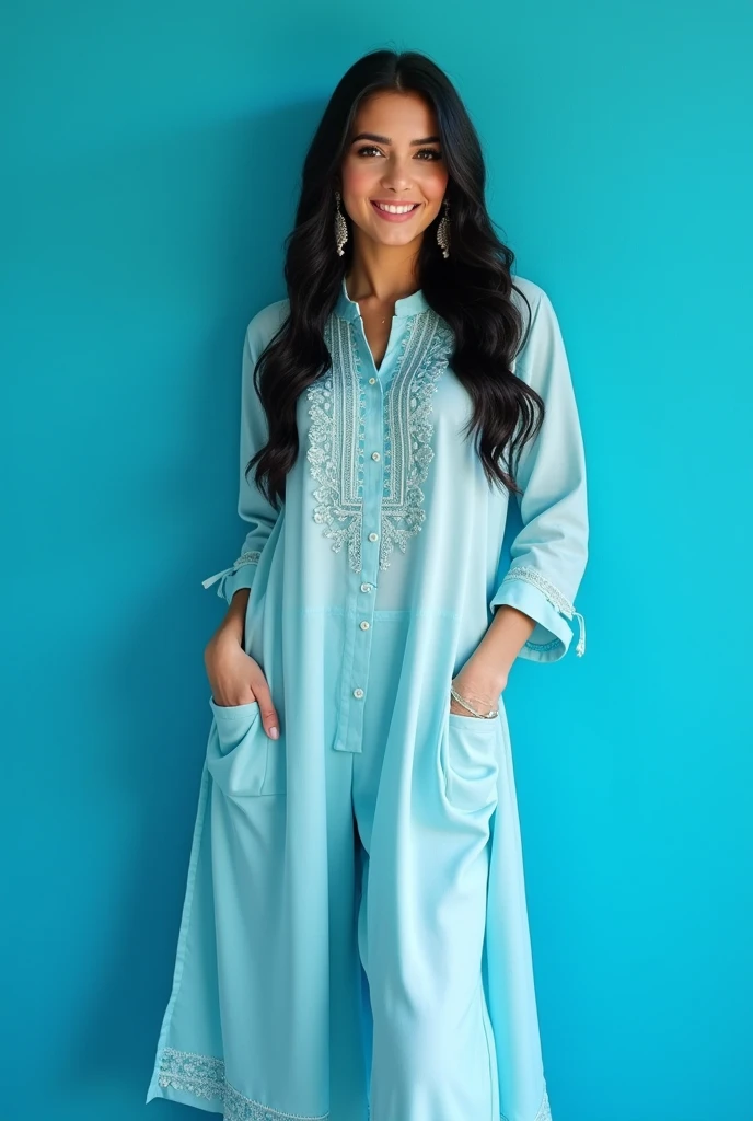A photoreal portrait of a slim and smart 15-year-old girl from, with white color skin and blushing black hair. She stands gracefully beside a staircase, wearing a fashionable long kurta and pajama collection in a bright and charming color. The model should have an elegant pose, with emphasis on her fancy earrings and stylish slippers. The image should capture her enthusiasm and approachable expression, in high detail, with soft, golden-hour sunlight illuminating her.