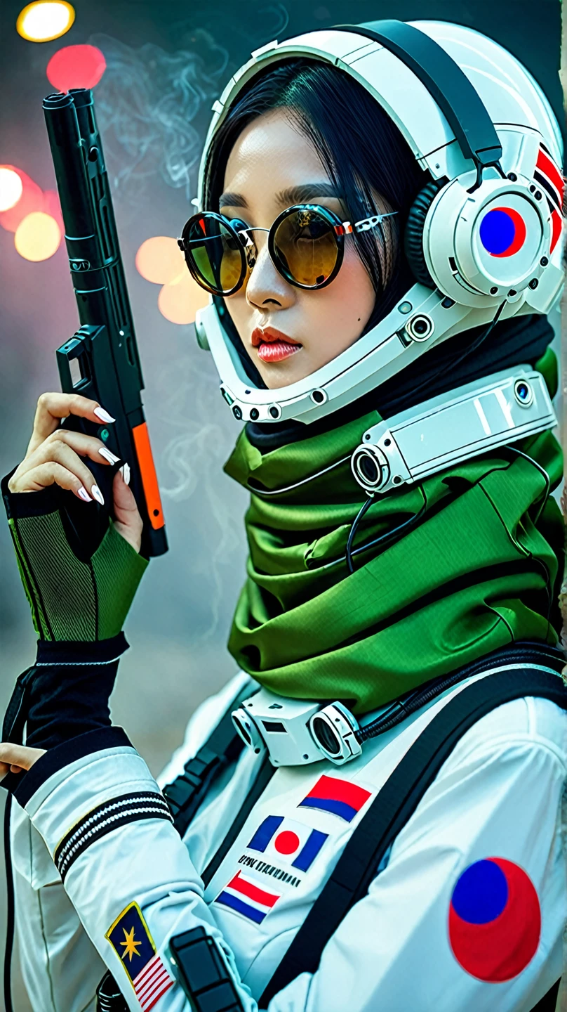 A beautiful Korean woman, The Indonesian flag is placed on the arm as a sign of friendship, wearing hijab, wearing a futuristic and sophisticated astronaut battle suit,army green with neon lights,wearing earphones with transparent glasses,carrying a sophisticated and futuristic rifle, standing in a cloud of smoke and sparks,in the middle of a barren planet,stare intently, set on a destroyed and smoking advanced spaceship,realistic,detail,photography,best quality 16k hd, fhd.