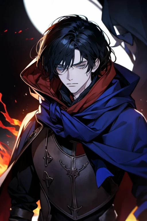 male, adult face, medium long length hair with bangs, black hair, blue-grey eyes, beautiful, tattoos, lean body, hooded scarf, pyromaniac, rogue mage, medieval