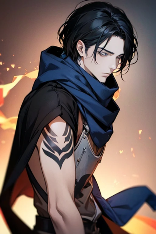 male, adult face, medium long length hair with bangs, black hair, blue-grey eyes, beautiful, tattoos, lean body, hooded scarf, pyromaniac, rogue mage, medieval