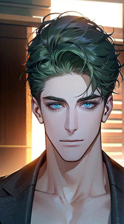 (best quality,4k,8k,highres,masterpiece:1.2),ultra-detailed,(realistic,photorealistic,photo-realistic:1.37),1 man,31 years old,mature man,very handsome,without expression,smile,short green hair,blue eyes,penetrating gaze,perfect face without errors,imposing posture,businessman,office background,cinematic lighting,hdr image