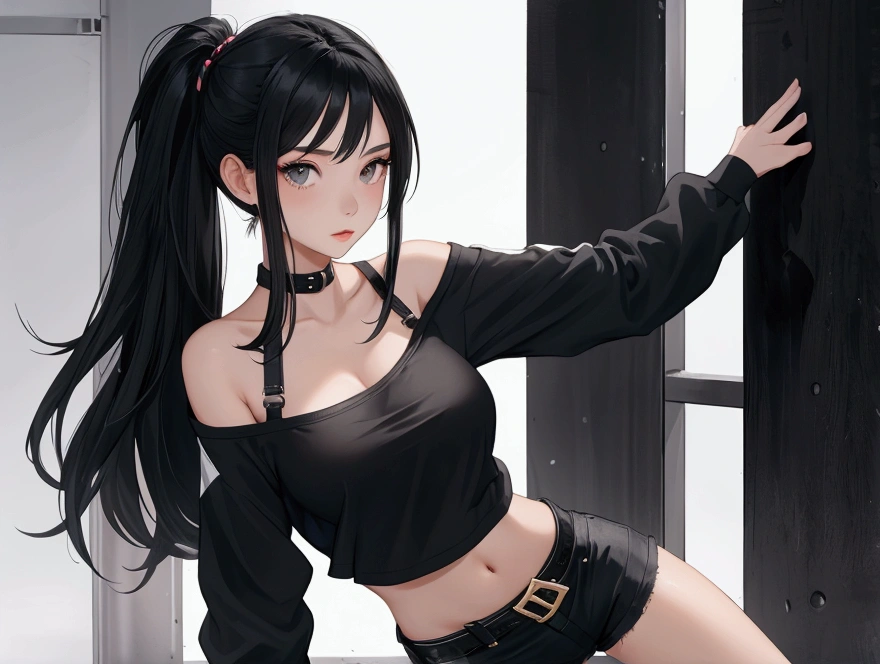 Sexy woman, long black luscious hair, seductive eyes, blushing, parted lips, black tank top, dark green jacket and skirt, sitting on desk, desperate