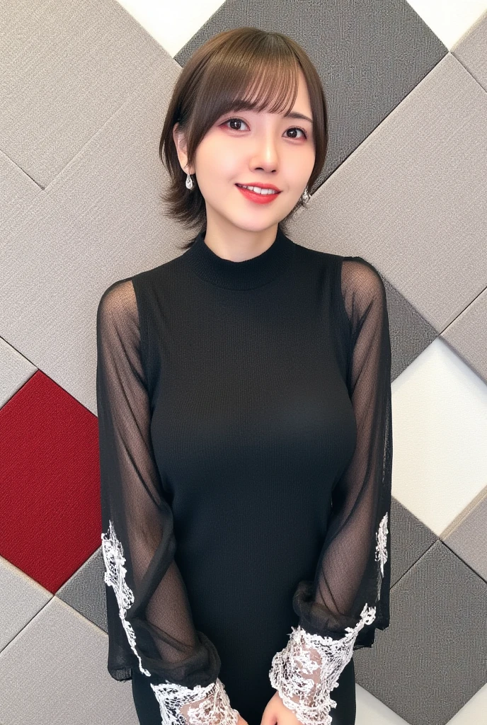 8k, RAW Photo, Best Quality, Masterpiece:1.2),(Realistic, photo-realistic:1.37), Super Detail, She is wearing tight thin fitting transparent black long sleeve turtleneck , no pants, transparent black pantyhose, cinematic lighting, ecstacy face, monotone background, facing front, smiling, portrait, dressed up to the belly button, dressed up to the neck
