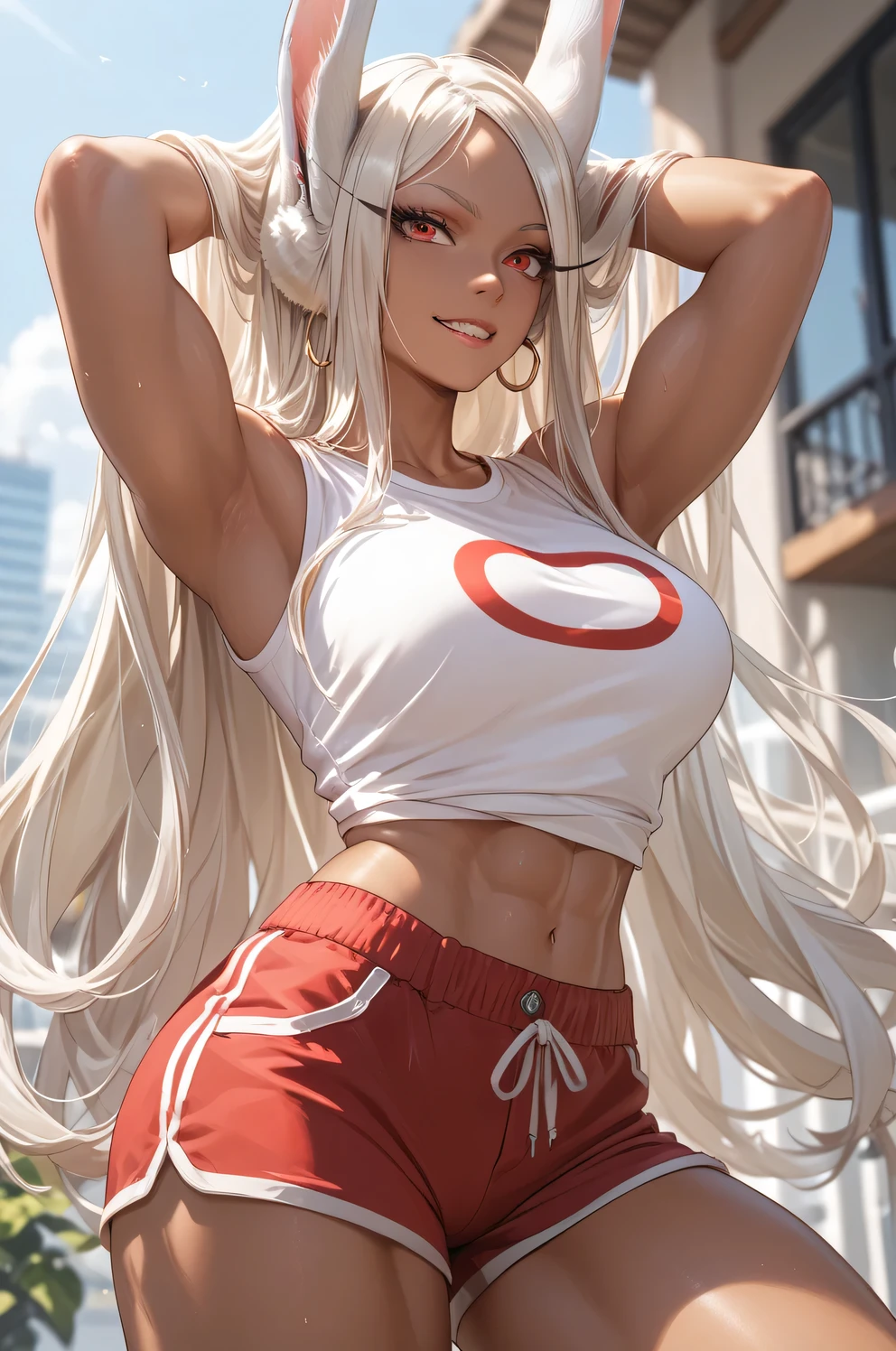single, 1 woman\((chibi:1.8), cute, kawaii, little boy, (white hair: 1.7), (very long hair: 1.7), bumps, (red eye), big eye, beautiful bright eye, color white skin, big hair bow, (outfit\(very revealing yoga outfit), sexy, (very tight: 1.5), (show body line: 1.2), BREAK, Background\(rubble city, (close woman ), BREAK, quality\(8K, extremely detailed CG unit wallpaper, master art, (((high resolution))), (((high quality))), (((real high quality skin texture ))), (((hyperrealistic))), (((increased resolution))), RAW photos, (((best quality))), (((very detailed))), wallpaper, golden ratio\ ), (thin and marked waist), (((underwear is transparent))), (ultra detailed skin), (large chest), (large buttocks), (wide legs), smile, (((perfect body) )), (perfect face),