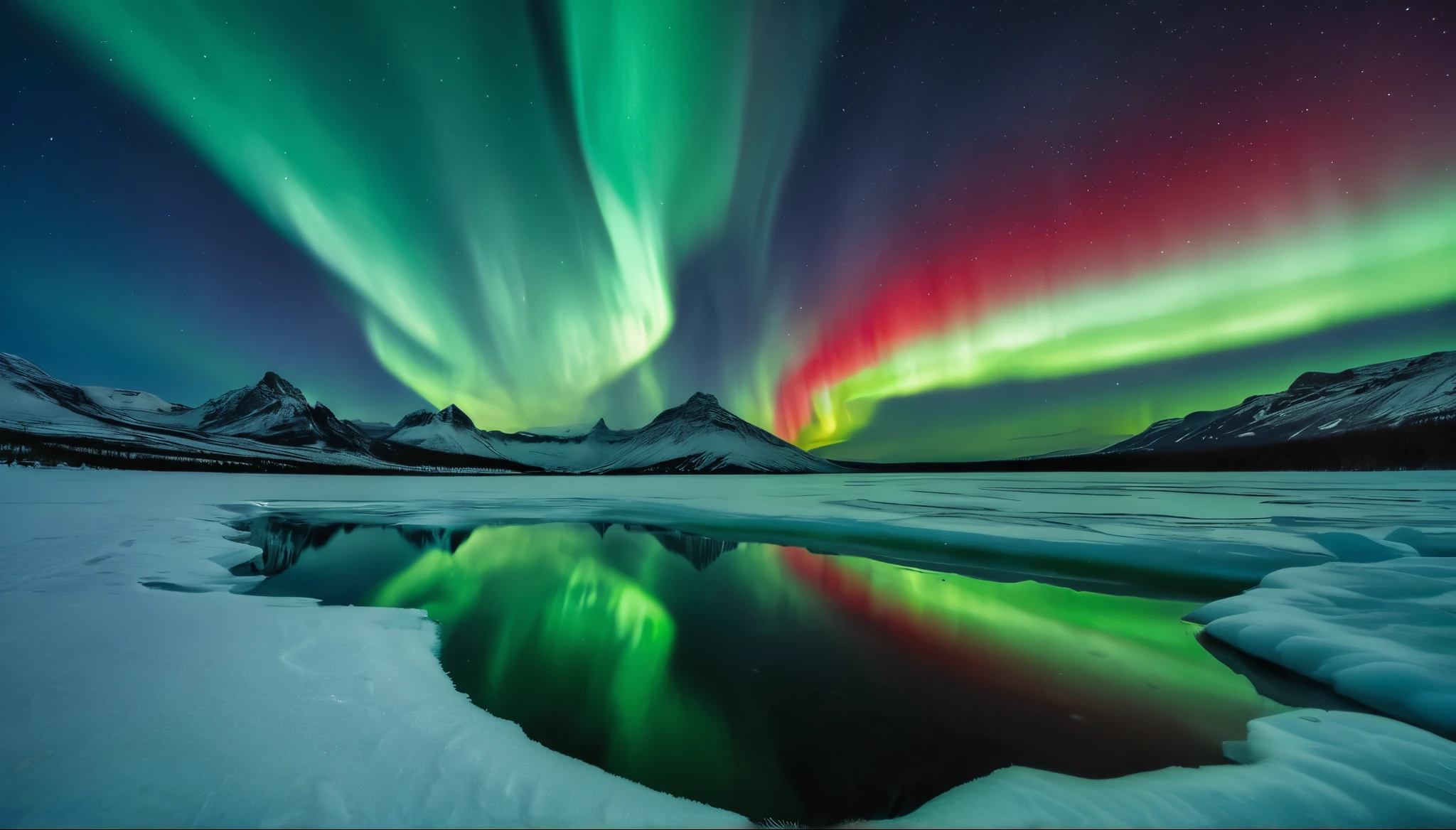 realistic photo of (aurora:1.3) in Glacier landscape for documentation, aurora (light with green and red) move in straight line, (perfect reflection) on icy water, stary sky, professional photography wide angle shot, negative space, (low-key lighting), high-resolution image