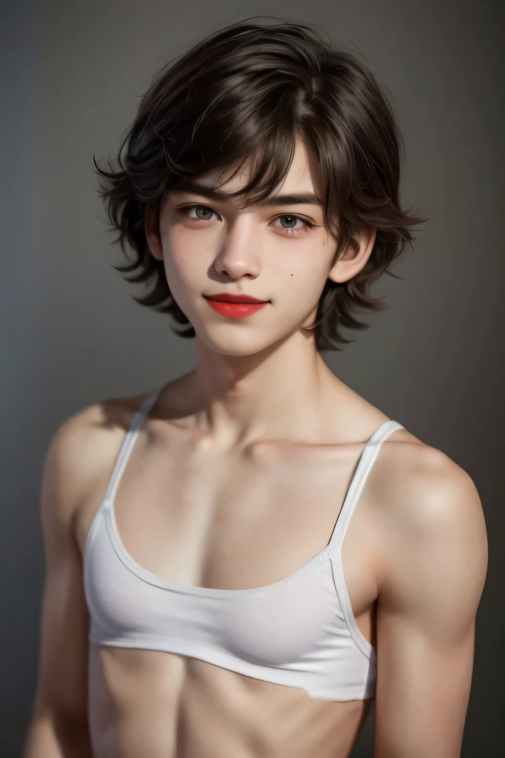 Half body potrait, 1 cute boy femboy (18yo), upper body, slim waist, (small breast:1.7), sexy pose, naugthy face, bangs, random Short hairstyle, cleavage, navel, seductive smile, wear orange sexy underwear, gray background, (red lipstick), mini top