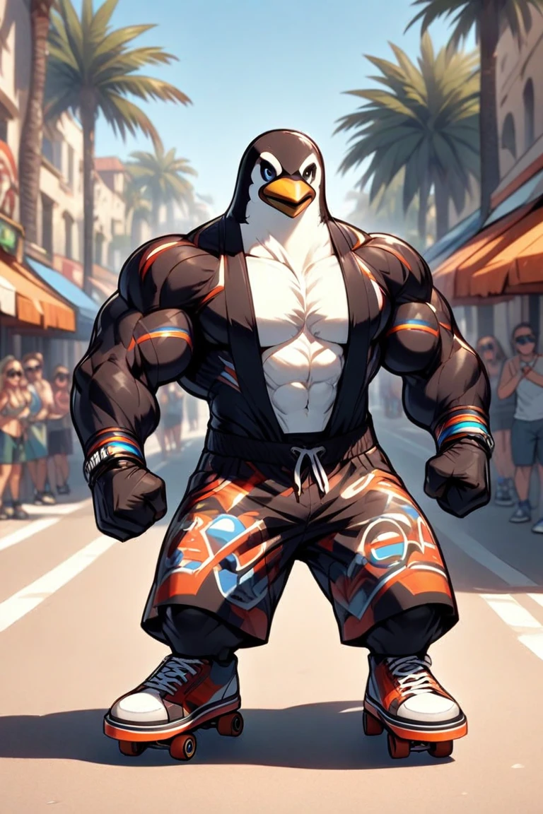 A muscular thin anthropomorphic penguin wearing clothing of the skateboarder cruises the Venice Beach