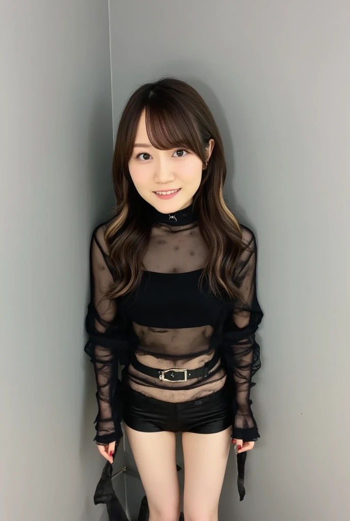 8k, RAW Photo, Best Quality, Masterpiece:1.2),(Realistic, photo-realistic:1.37), Super Detail, She is wearing tight thin fitting transparent black long sleeve turtleneck , no pants, transparent black pantyhose, cinematic lighting, ecstacy face, monotone background, facing front, smiling, portrait, dressed up to the belly button, dressed up to the neck
