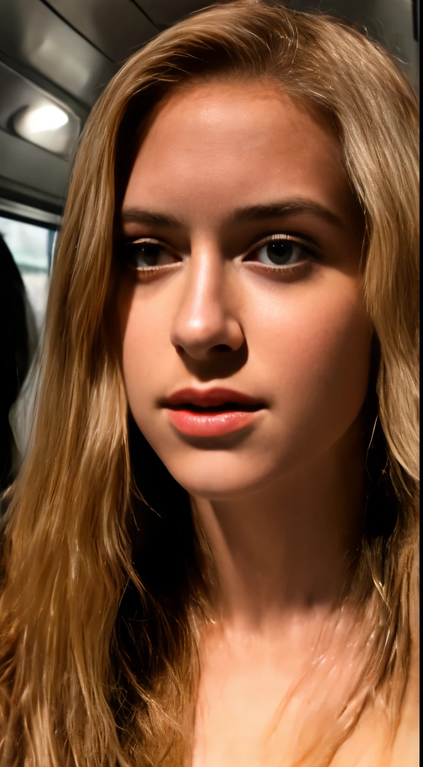 (( )), breast to face photo, nude, very light skin, very long hair, busy train car, photorealistic, indirect lighting, volumetric light, ray tracing, hyperdetailed