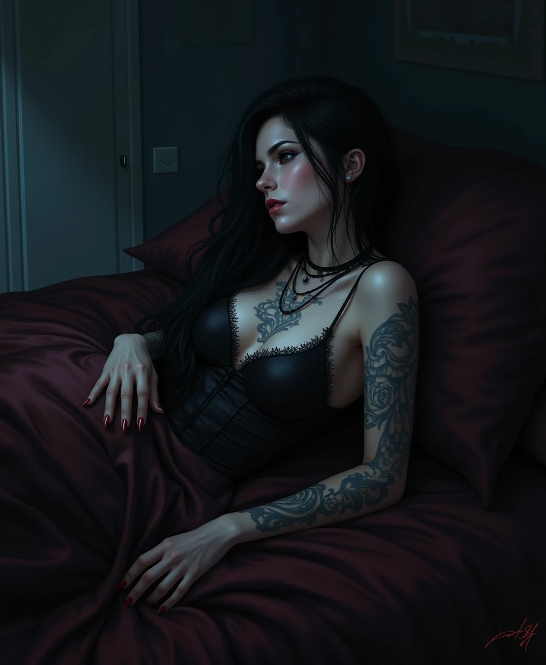 Gothic girl with tattoos laying on a bed, pure body, long black hair, tired look, 