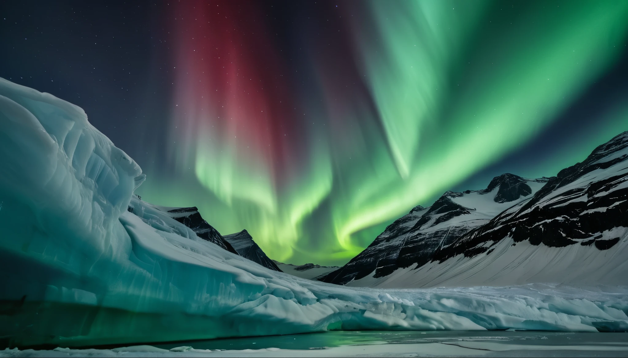 realistic photo of (aurora:1.3) in Glacier landscape for documentation, aurora (light with green and red) move in straight line, (perfect reflection) on icy water, stary sky, professional photography wide angle shot, negative space, (low-key lighting), high-resolution image