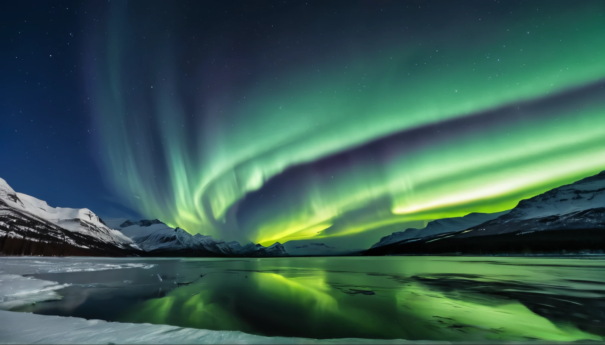 realistic photo of (aurora:1.3) in Glacier landscape for documentation, aurora (light with green and red) move in straight line, (perfect reflection) on icy water, stary sky, professional photography wide angle shot, negative space, (low-key lighting), high-resolution image