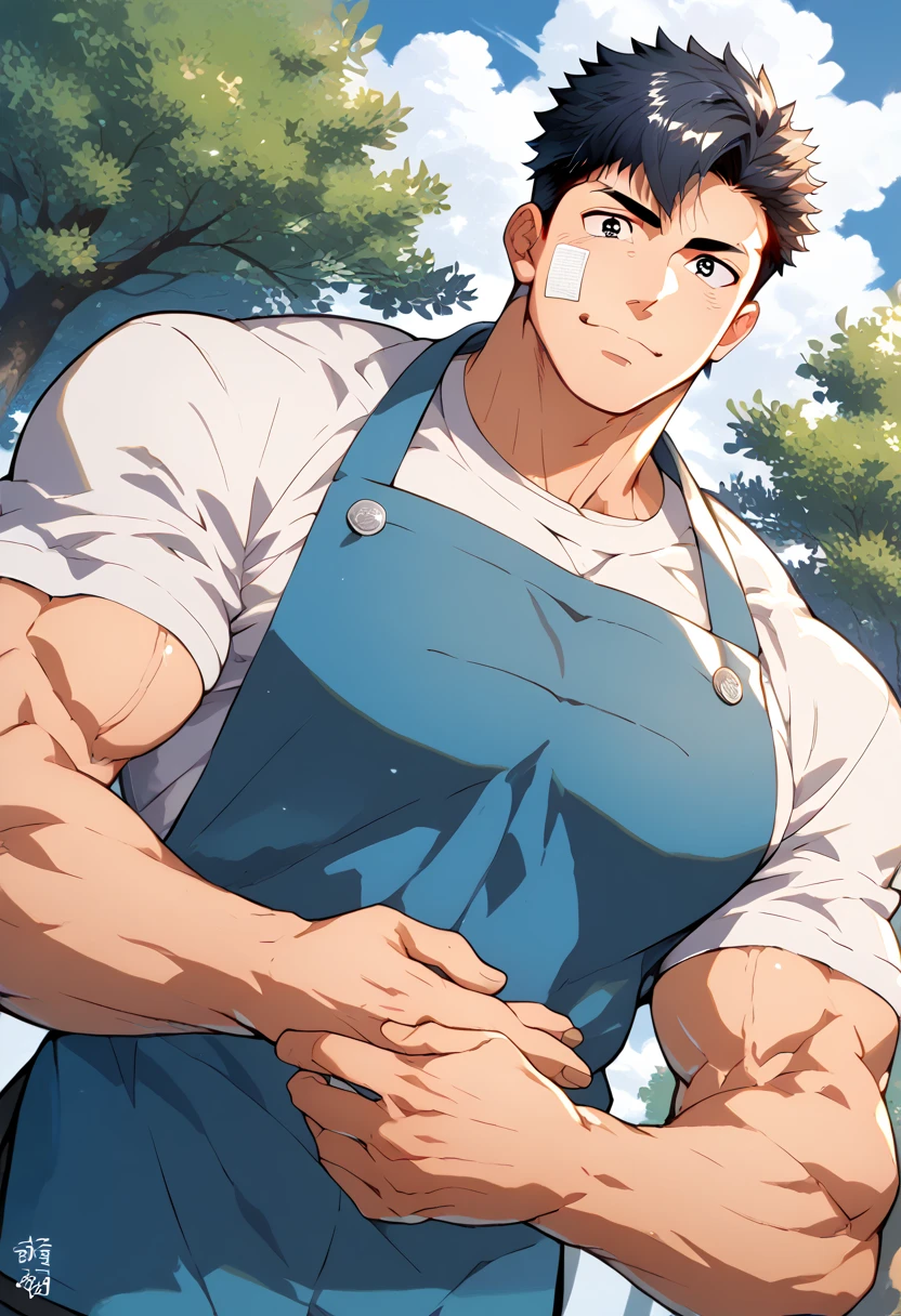 Delicate eyes and delicate face, 1 boy, 18 years old, handsome face, pure and cute face, Detailed face, Kindergarten teacher, Casual checks shirt and apron, cute, Male focus, muscular, muscular male, Chest muscles, black short hair, black eyes, detailed eyes, Sole, Solitary, Full upper body angle