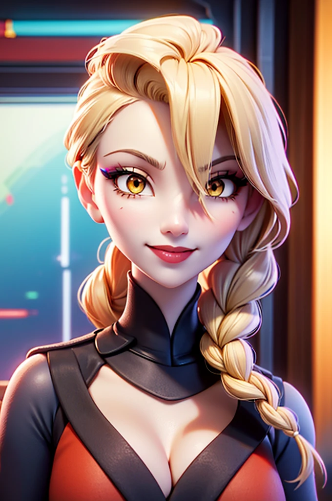 _elsa  as a sith lord , 1girl, long_hair, looking_at_viewer, smile, yellow_eyes, blonde_hair, braid, indoors, eyelashes, single_braid,   gigantic makeup, black_dress