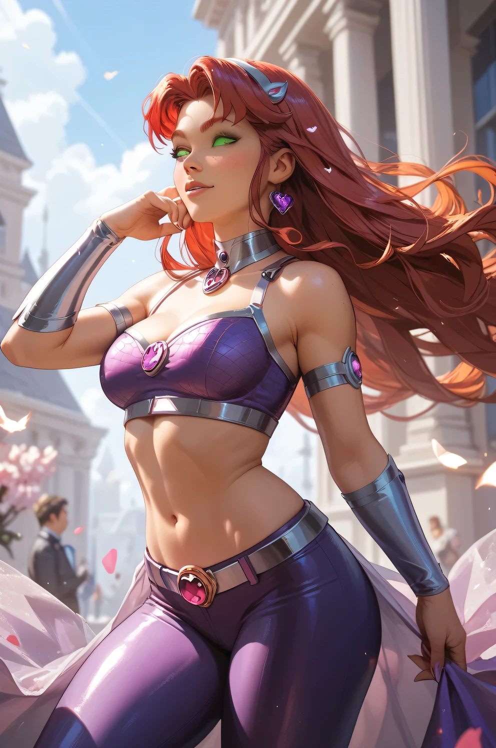 ((masterpiece, best quality, ultra-detailed, ultra-HD, photorealistic, cinematic)), (medium camera shot, from below:1.2), (sensual pose), (alluring and voluptuous female as Daphne Blake), perfect anatomy, perfect face, large breasts, proportioned hands, (shoulder-length red hair:1.3), (purple dress, pink pantyhose, and purple shoes), (wears a plastic purple headband and a green scarf), ((dynamic background)), (detailed pupils, detailed eyes, blushing, nude lips, slightly parted lips)