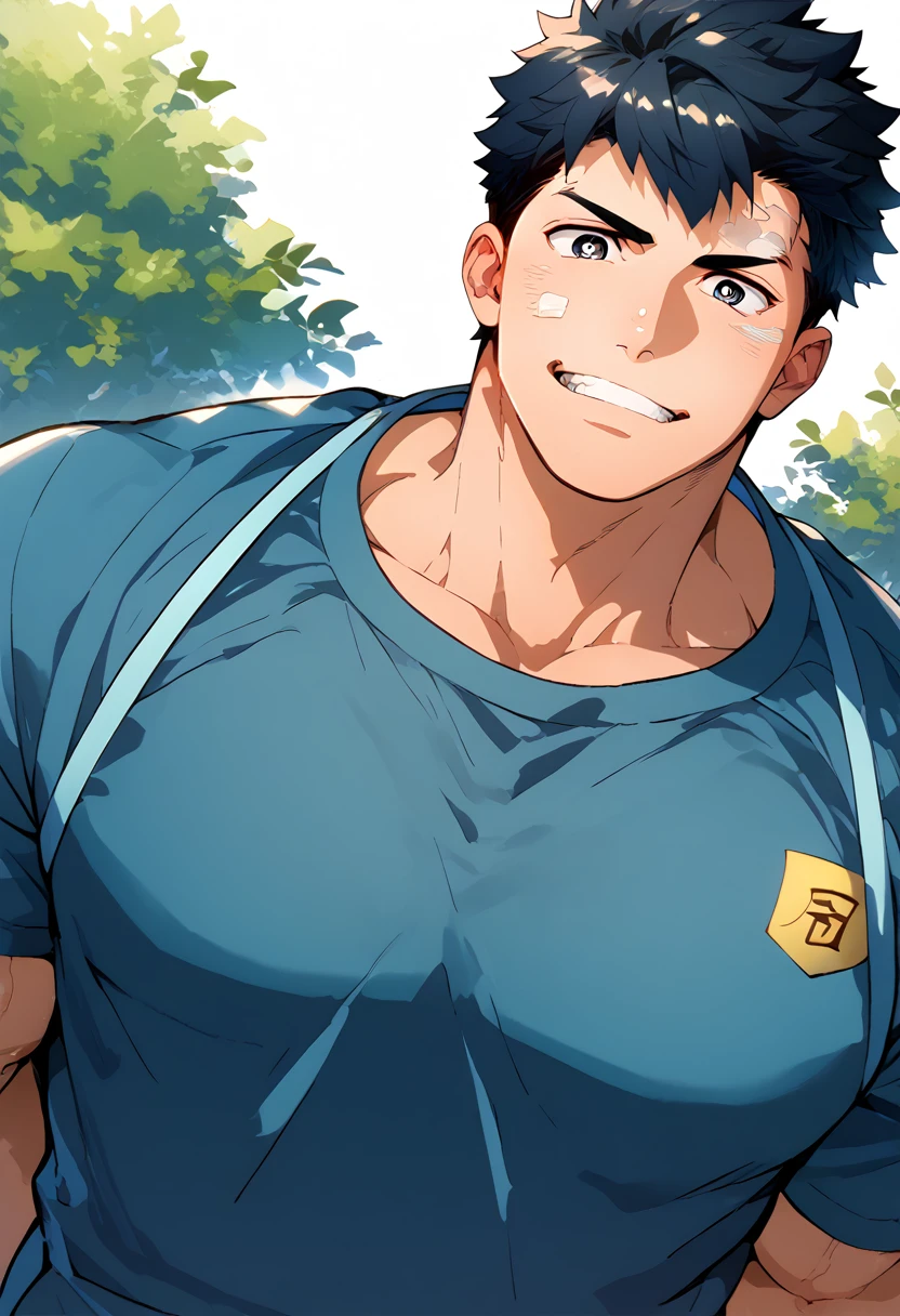 Delicate eyes and delicate face, 1 boy, 18 years old, handsome face, pure and cute face, Detailed face, Kindergarten teacher, Casual checks shirt and apron, cute, Male focus, muscular, muscular male, Chest muscles, black short hair, black eyes, detailed eyes, Sole, Solitary, Full upper body angle