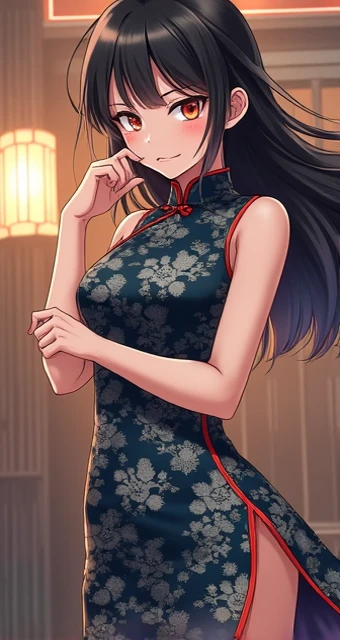 1girl, solo, long hair, breasts, looking at viewer, blush, smile, open mouth, bangs, simple background, black hair, white background, dress, cleavage, bare shoulders, medium breasts, standing, purple eyes, thighs, sleeveless, hand up, mole, bare arms, clothing cutout, sleeveless dress, chinese clothes, cleavage cutout, china dress, mole under mouth, finger to mouth, side slit, green dress