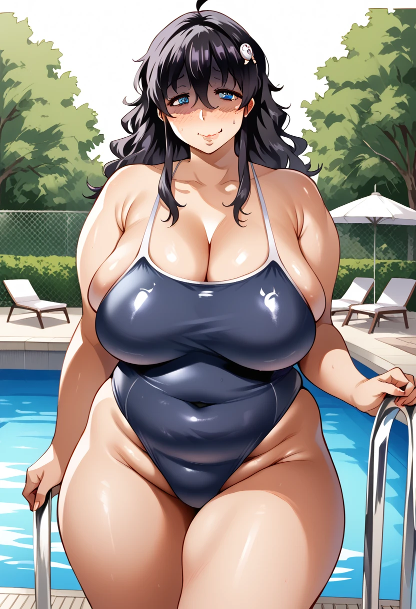 score_9, score_8_up, score_7_up, Manga style, 1girl, Masochist Busty Mom, shaded face, manga style, black hair, spiral eyes, @_@, purple blue eyes, big eyes, hair between eyes, messy hair, long hair, ahoge, gigantic breasts, wide hips, thick thighs, plump, puffy lips, wavy mouth, closed mouth, smile, embarrassed, looking at viewer, standing, cowboy shot, (blue swimsuit) ,mature woman, milf, sagging breasts, (one-piece swimsuit: 1.5), navel, midriff,wide hips,thick thighs, public pool, cleavage, horny, blush, heavily blushing, ((curvy,plump,chubby)), ((weight gain, BBW))