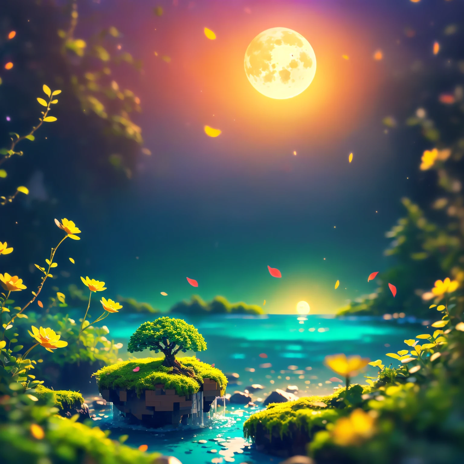 8K quality,(super masterpiece:1.3), best quality, detailed images,Lego AI(Small trees々,A lot of petals are dancing, fantastic waterfall,moss,水moss,lake,lake畔,full moon,Small Earth, starry sky ,background(Sunset sea,Sunset sky, gradient )).