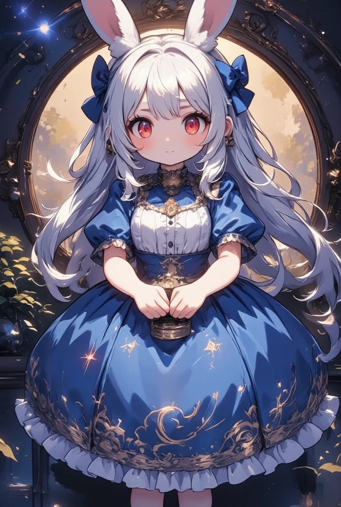 ( best quality, very detailed depiction, incredible high resolution),白いJapanese white radishを手に持っている1人の女の子:2.0,( smaller,Blue Hair, very long hair,bangs,Bunny ears,Red eyes,Big Eyes, Beautiful Sparkling Eyes , white skin,Big hair ribbon,Blue Princess Dress,wired skirt,Chest, full body image )Japanese white radish:2.0,Smiling Face,High quality anime drawings