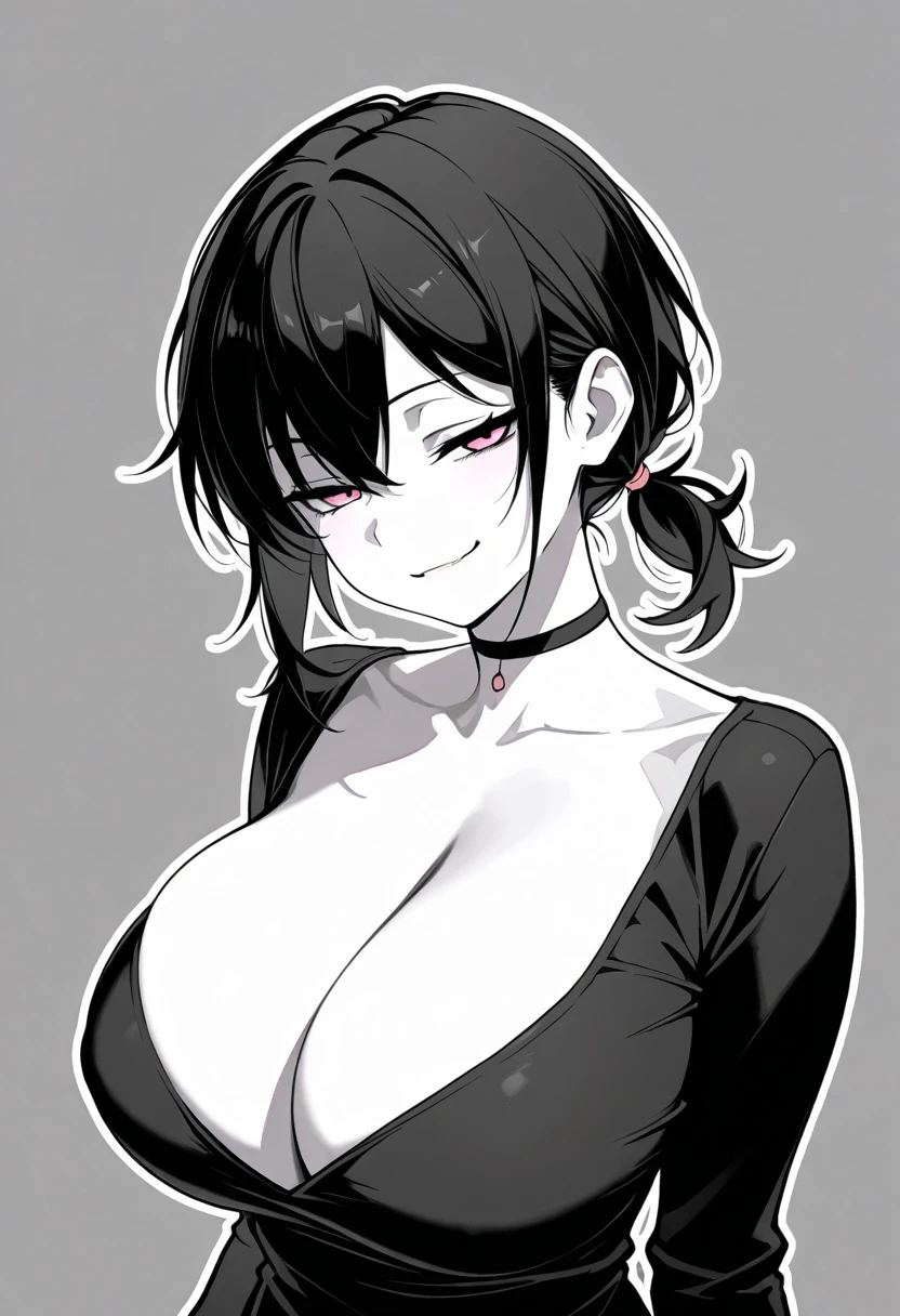 score_9, score_8_up, score_7_up, score_6_up, source_anime, 1girl, solo,   leyley, black hair, low ponytail, short ponytail, pink eyes, pale skin, choker, black shirt, long sleeves, cleavage, monochrome, greyscale, outline, smirk, upper body, grey background, half closed eyes,masterpiece,best quality,amazing quality,very aesthetic,absurdres,newest,portrait, Looking at the viewer, huge breasts,Mouth open 