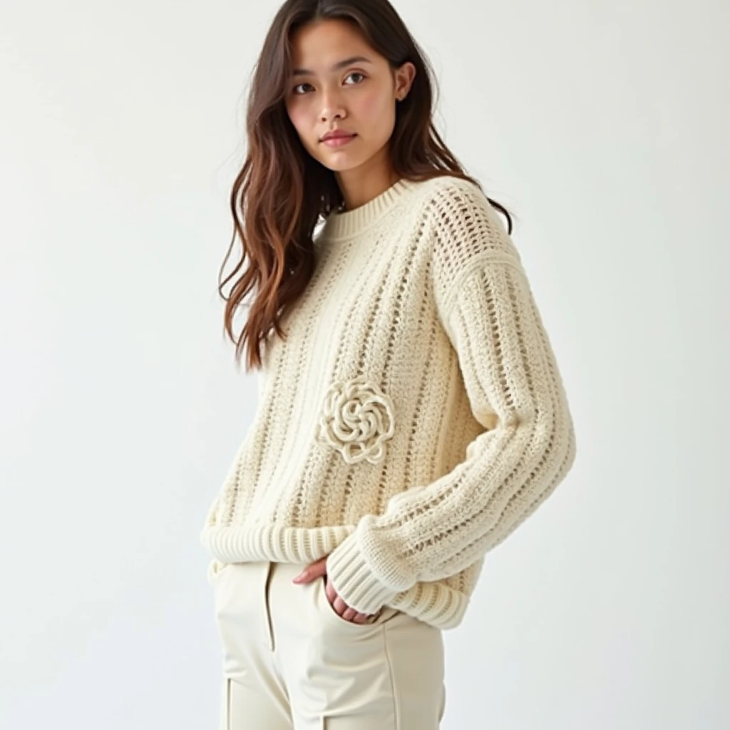 (Highest quality, High resolution, masterpiece :1.3), Beautiful adult woman, ((Pure white background)), (Wearing a large mustard-colored sweater, turtleneck, Wear a miniskirt, Wear sneakers, Wear a knitted hat, Round Glasses), (Loosely wavy white bob hair), ((Accurately expresses the fine details of the face and skin texture)), Crouching pose, avert your eyes,