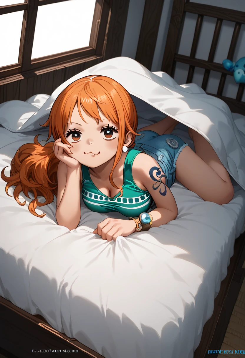 (((Pixel Perfect, Perfect detail))), ((alone, 1 girl)), nami, Looking at the audience, Shut your mouth, (Lie face down on the bed:1.3), (full Body)