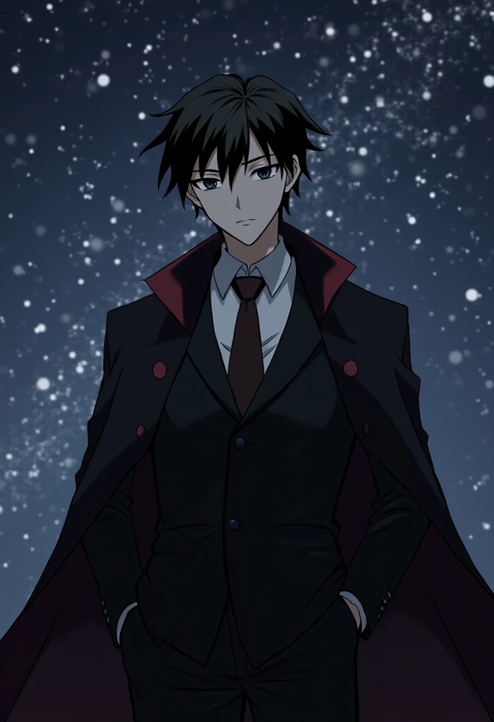 Man with black hair and four red eyes, There are marks on your face, he is wearing a black coat