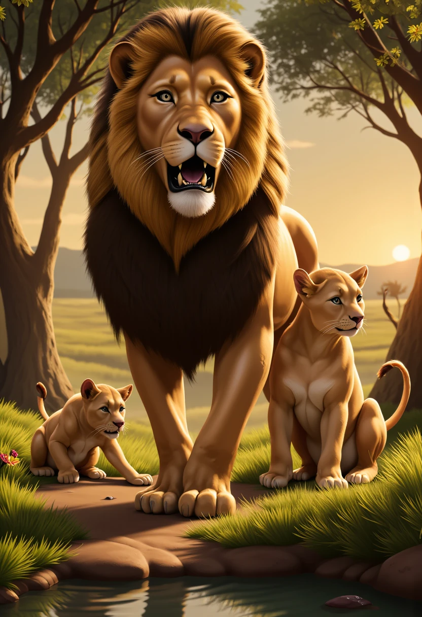 Create a beautiful family of lions, male, female, and three cubs together. 