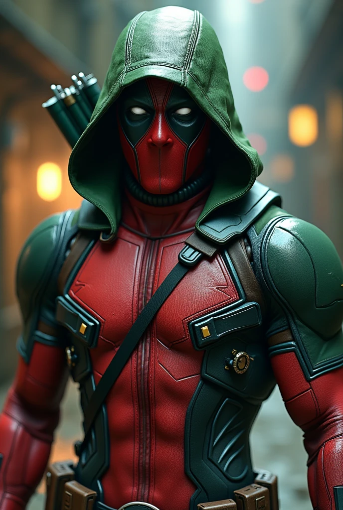 Create a superhero in a half-body pose, with a mask similar in style to Deadpool's, Hooded and with gadgets on his belt, Details in military green and burgundy red, with a sword on his back and a technological boomerang in his hand