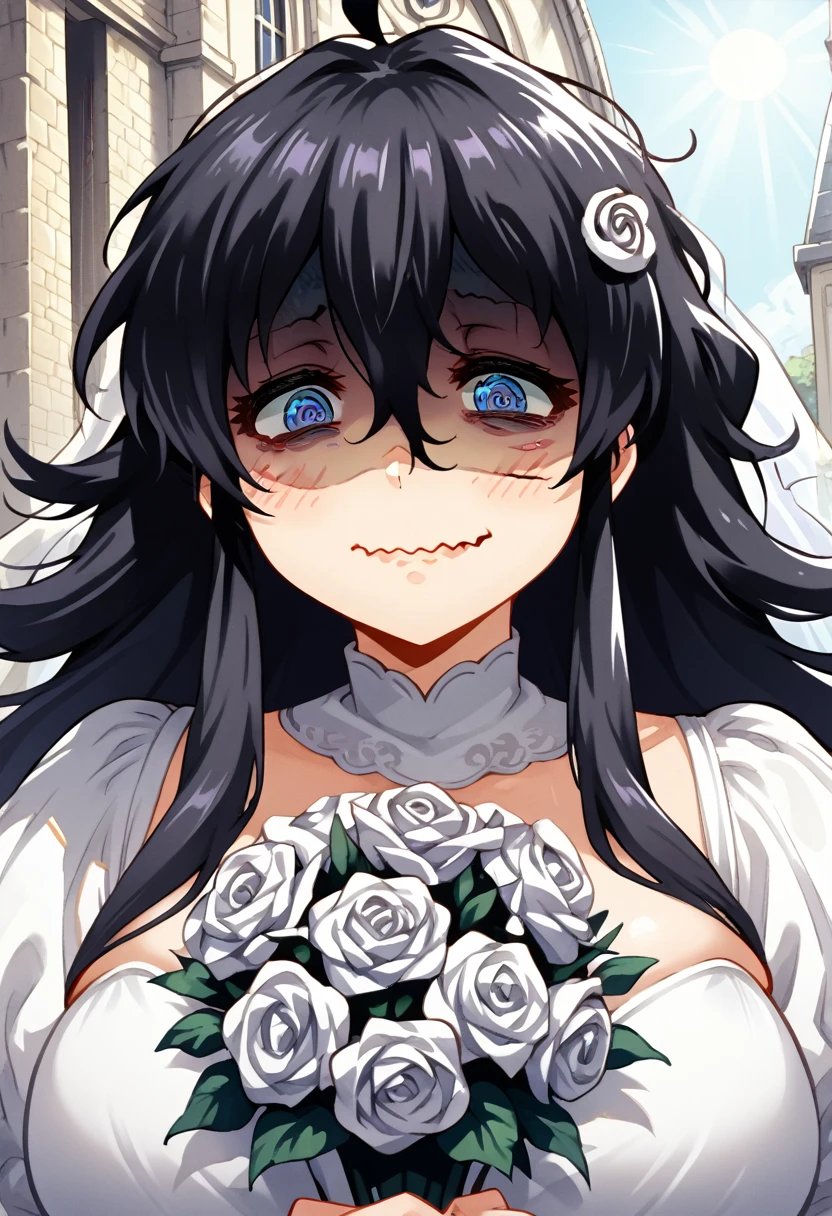 score_9, score_8_up, score_7_up, source_anime, 1girl, Masochist Busty Mom, shaded face, black hair, spiral eyes, @_@, purple blue eyes, big eyes, hair between eyes, messy hair, long hair, ahoge, large breast, close mouth, wavy mouth, (wedding dress), bridal veil, stocking with straps, holding bouquet, church, outside, sun, sun rays, pov, Manga style, 