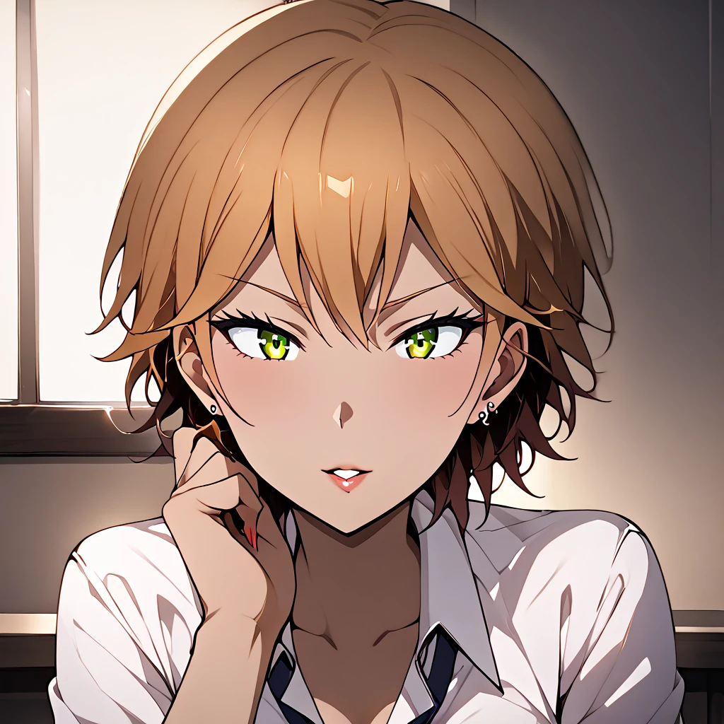 girlknaco, short hair, two-tone hair, orange hair, gyaru, ear piercing, green eyes, masterpiece, perfect hands, perfect lighting, extremaly detailed eyes