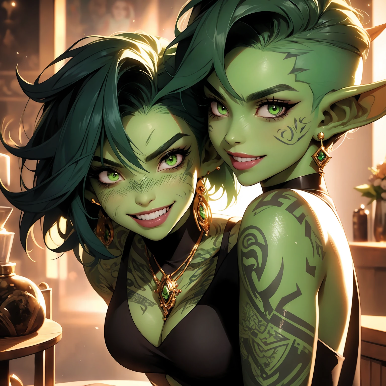 absurdres, masterpiece, 4k, extremely muscular goblin tomboy, brash, confident, horny, light green skin, pointy ears, smile, green eyes, short length messy green punk hair, small breasts, many tattoos, face tattoo, 1girl, solo, wearing black punk rock lingerie, happy, very detailed eyes, sexy pose, dynamic pose, sexy lighting, boudoir photography, aggressive stance, showing off muscles, sexy, flexing,