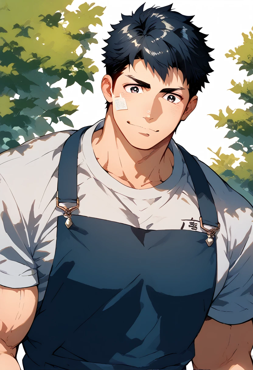 Delicate eyes and delicate face, 1 boy, 18 years old, handsome face, pure and cute face, Detailed face, Kindergarten teacher, Casual checks shirt and apron, cute, Male focus, muscular, muscular male, Chest muscles, black short hair, black eyes, detailed eyes, Sole, Solitary, Full upper body angle