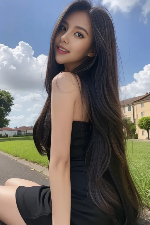 ((Best Quality, 8K, Masterpiece:1.3)), A beautiful girl, pure, melon face, gentle and cute, sweet smile, pure desire, thin figure, (frontal), (tilted head), looking directly at the camera, uniform, obi, formal, black silky long straight hair, long hair flowing over the shoulders, round black big eyes, clear big eyes, moist red lips, sweet, sitting on the side of the road, blue sky and white clouds, grass, buildings,