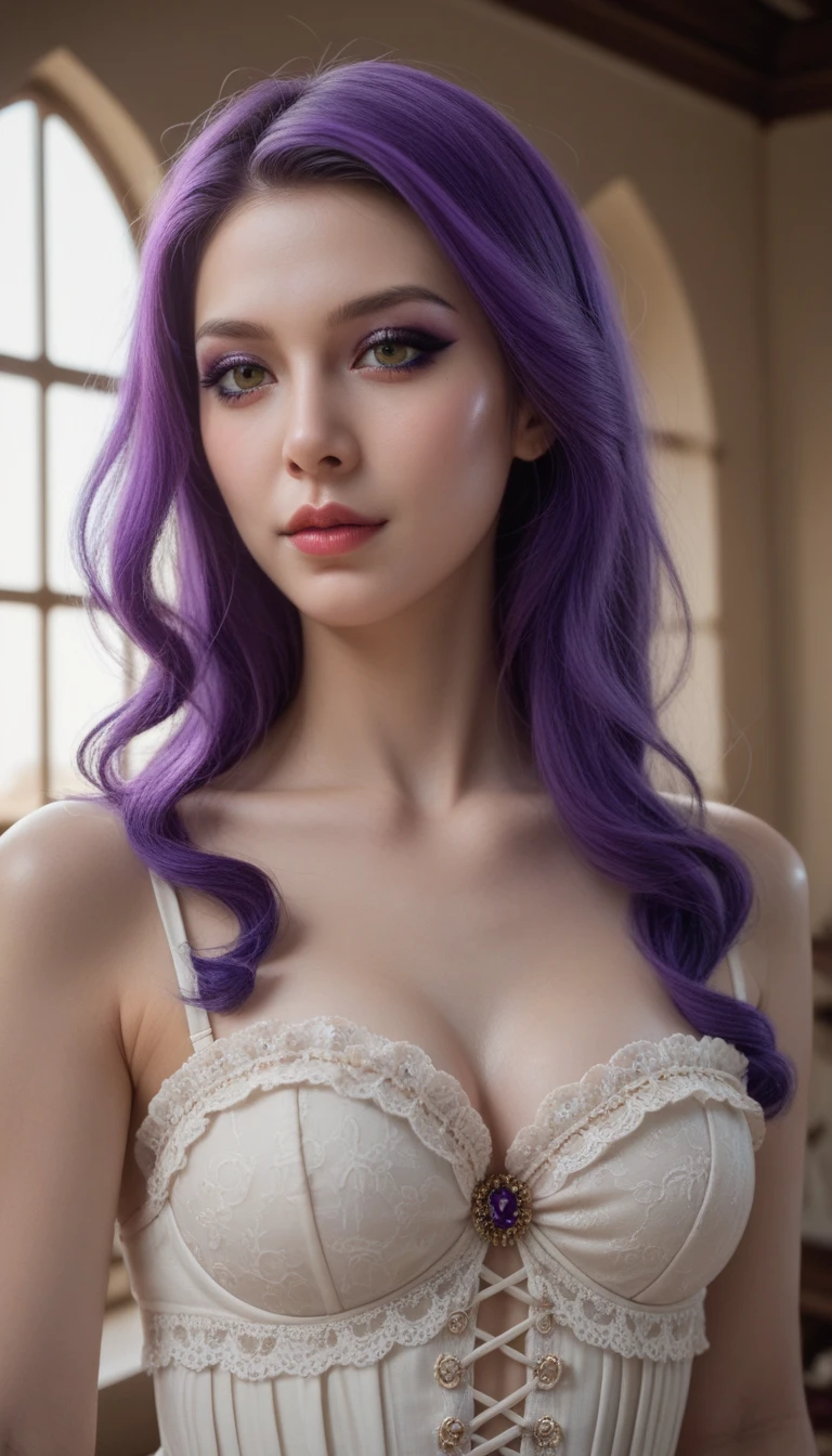A syrian girl, 40 years old, purple curly hair, silky skin, very hot, wonderful goddess, glamorous maiden, wonderful girl (hyperrealistic, masterpiece, photorealistic 8k, best image), fleshy lips, wearing tight purple bra, large breasts, large beautiful areola, cleavages, sexy cleavages, breast shinning, oiled breast, beautiful breast view, goddess like breast, full breast view, breast shinning, (detail in lighting),